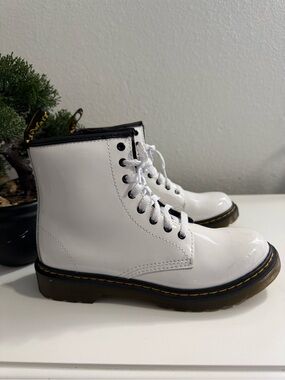 Dr. Martens airwair Zavala White Patent Lace-Up Boots with Black Trim